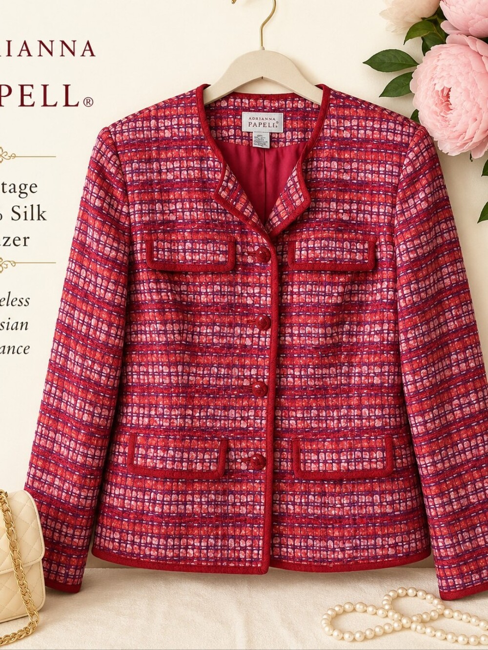 Vintage Adrianna Papell Red 100% Silk Textured Blazer Jacket Women's Size 12
